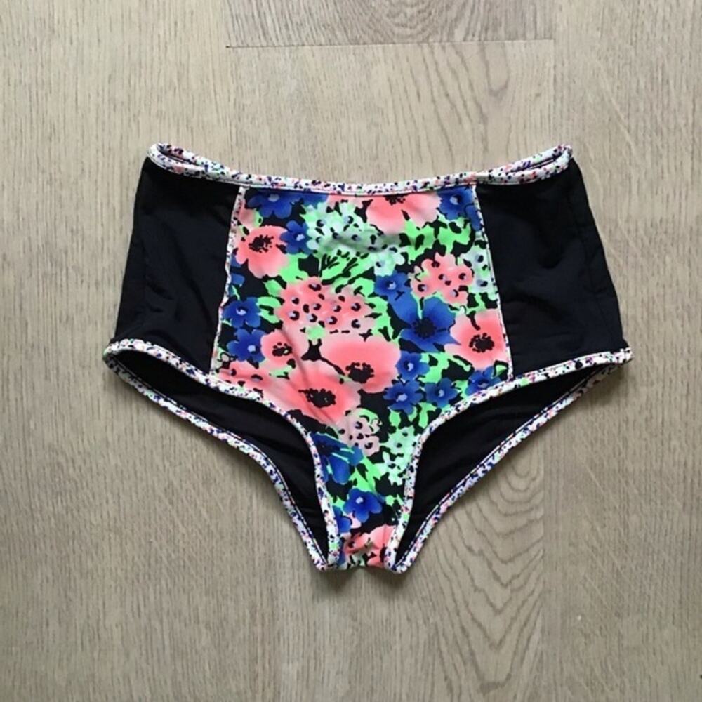 SHOSHANNA Retro Floral High Waist Bikini Bottom in Coral Multi SMALL